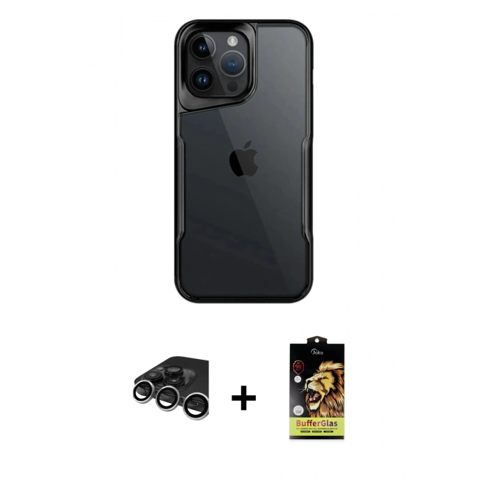 MARSİLYAN™- iPhone 15 Pro Max Kılıf Akış Çizgi Koleksiyonu - Siyah Buffer Cam Ekran Koruyucu + Raze Metal Kamera Lens - GS