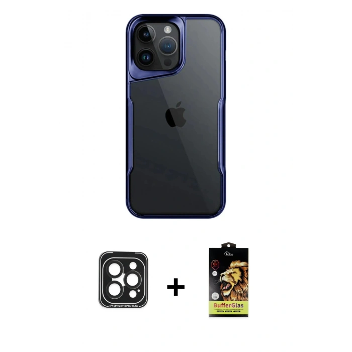 MARSİLYAN™- iPhone 15 Pro Max Kılıf Akış Çizgi Koleksiyonu - Siyah Buffer Cam Ekran Koruyucu + PVD Metal Kamera Lens - SH