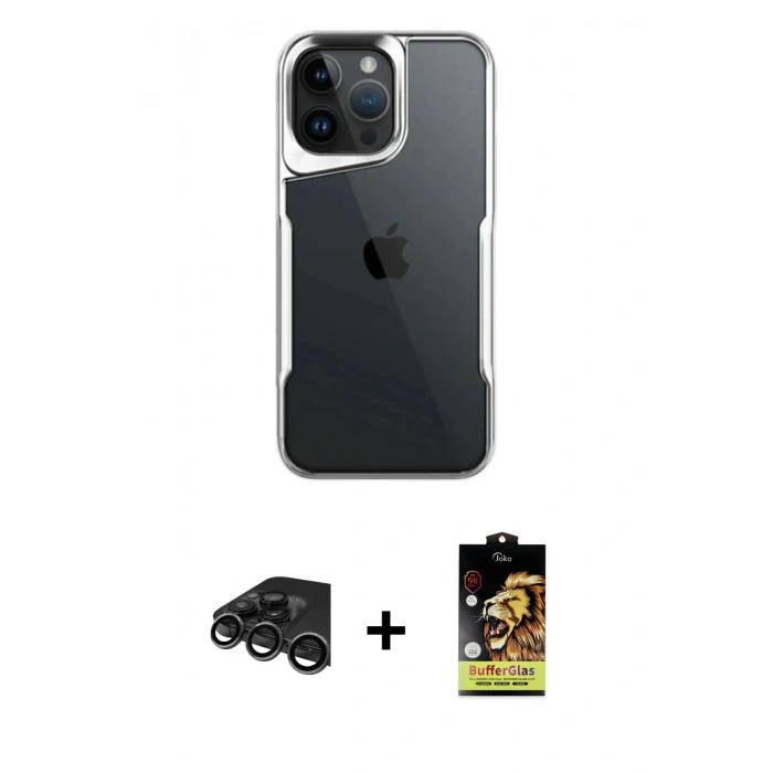 MARSİLYAN™- iPhone 15 Pro Max Kılıf Akış Çizgi Koleksiyonu - Siyah Buffer Cam Ekran Koruyucu + Raze Metal Kamera Lens - TMGI