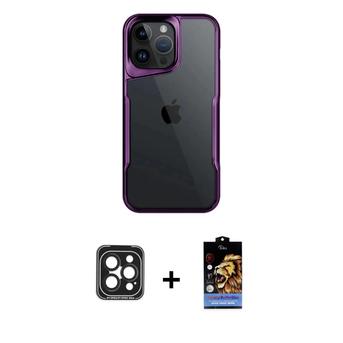 MARSİLYAN™- iPhone 15 Pro Max Kılıf Akış Çizgi Koleksiyonu - Siyah Buffer Hayalet Cam Ekran Koruyucu + PVD Metal Kamera Lens - SH