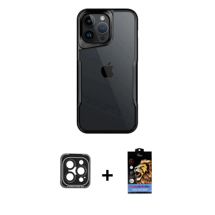 MARSİLYAN™- iPhone 15 Pro Max Kılıf Akış Çizgi Koleksiyonu - Siyah Buffer Hayalet Cam Ekran Koruyucu + PVD Metal Kamera Lens - SH