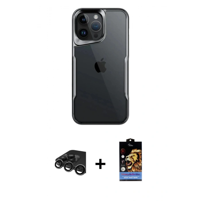 MARSİLYAN™- iPhone 15 Pro Max Kılıf Akış Çizgi Koleksiyonu - Siyah Buffer Hayalet Cam Ekran Koruyucu + Raze Metal Kamera Lens - TMGI