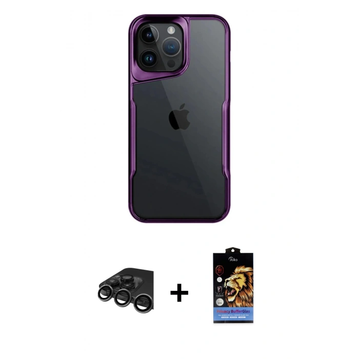 MARSİLYAN™- iPhone 15 Pro Max Kılıf Akış Çizgi Koleksiyonu - Siyah Buffer Hayalet Cam Ekran Koruyucu + Raze Metal Kamera Lens - TMGI