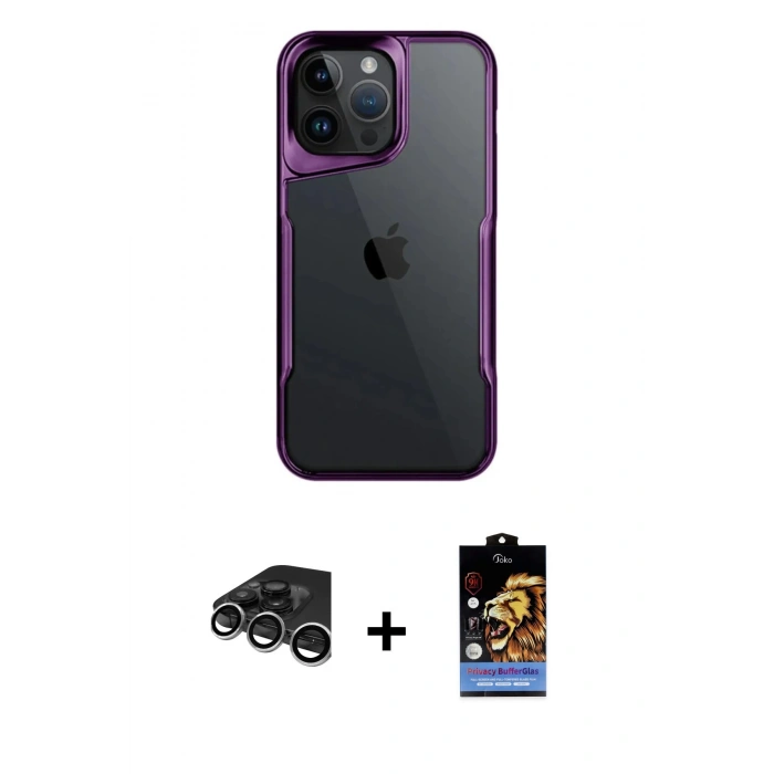 MARSİLYAN™- iPhone 15 Pro Max Kılıf Akış Çizgi Koleksiyonu - Siyah Buffer Hayalet Cam Ekran Koruyucu + Raze Metal Kamera Lens - GS