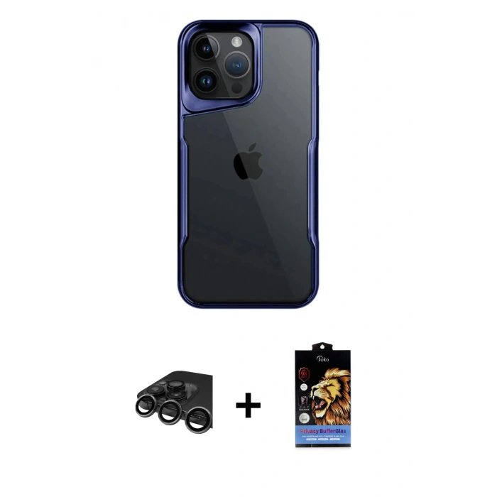 MARSİLYAN™- iPhone 15 Pro Max Kılıf Akış Çizgi Koleksiyonu - Siyah Buffer Hayalet Cam Ekran Koruyucu + Raze Metal Kamera Lens - TMGI