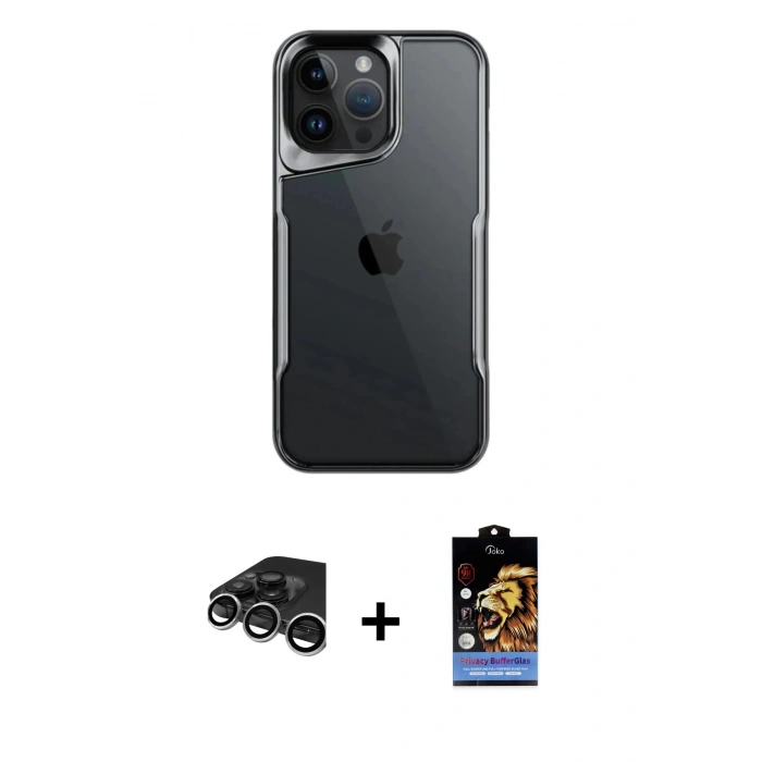 MARSİLYAN™- iPhone 15 Pro Max Kılıf Akış Çizgi Koleksiyonu - Siyah Buffer Hayalet Cam Ekran Koruyucu + Raze Metal Kamera Lens - GS