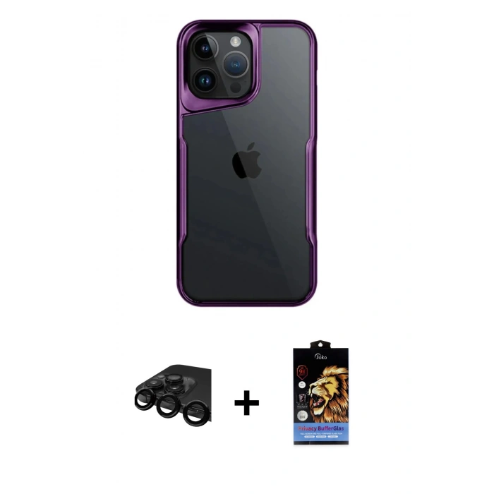 MARSİLYAN™- iPhone 15 Pro Max Kılıf Akış Çizgi Koleksiyonu - Siyah Buffer Hayalet Cam Ekran Koruyucu + Siyah Raze Metal Kamera Lens