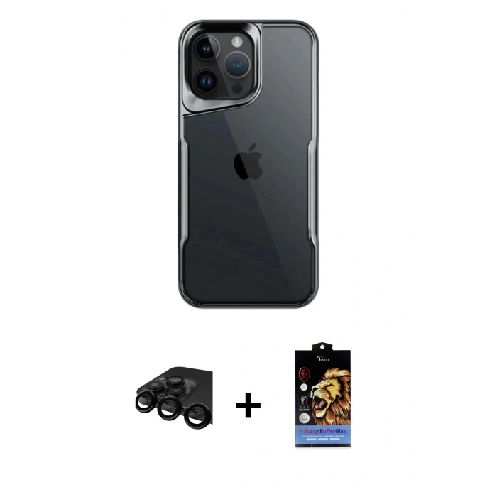 MARSİLYAN™- iPhone 15 Pro Max Kılıf Akış Çizgi Koleksiyonu - Siyah Buffer Hayalet Cam Ekran Koruyucu + Siyah Raze Metal Kamera Lens