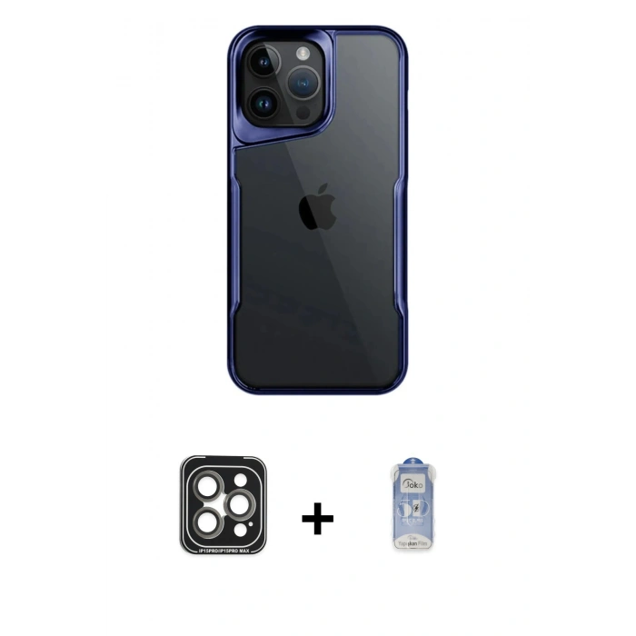 MARSİLYAN™- iPhone 15 Pro Max Kılıf Akış Çizgi Koleksiyonu - Siyah Joko Magic 5D Cam + PVD Metal Kamera Lens - GI
