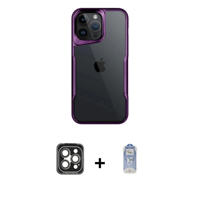 MARSİLYAN™- iPhone 15 Pro Max Kılıf Akış Çizgi Koleksiyonu - Siyah Joko Magic 5D Cam + PVD Metal Kamera Lens - GI