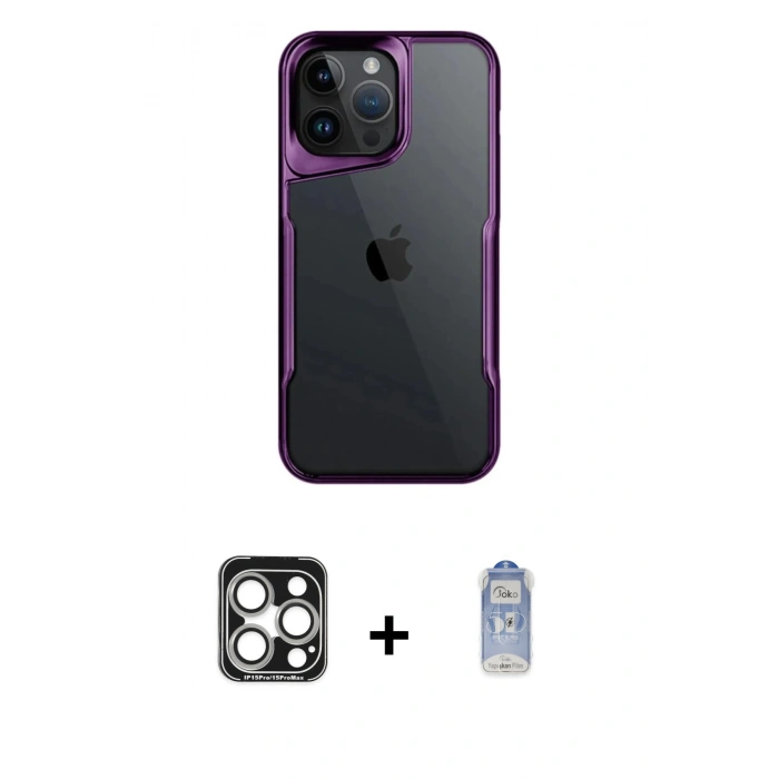 MARSİLYAN™- iPhone 15 Pro Max Kılıf Akış Çizgi Koleksiyonu - Siyah Joko Magic 5D Cam + PVD Metal Kamera Lens - GS