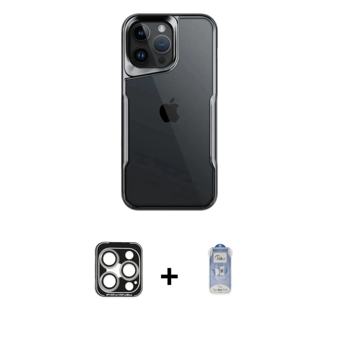 MARSİLYAN™- iPhone 15 Pro Max Kılıf Akış Çizgi Koleksiyonu - Siyah Joko Magic 5D Cam + PVD Metal Kamera Lens - GS
