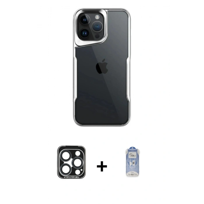 MARSİLYAN™- iPhone 15 Pro Max Kılıf Akış Çizgi Koleksiyonu - Siyah Joko Magic 5D Cam + PVD Metal Kamera Lens - LT