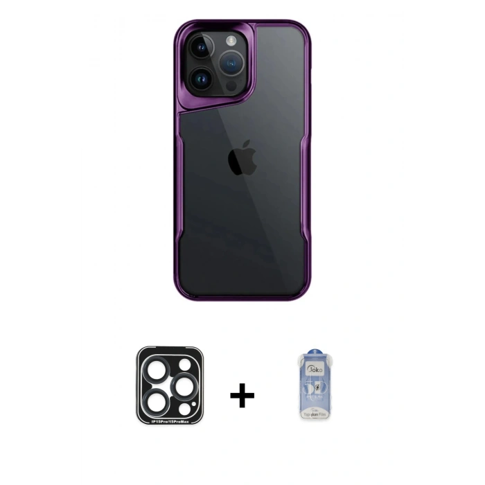 MARSİLYAN™- iPhone 15 Pro Max Kılıf Akış Çizgi Koleksiyonu - Siyah Joko Magic 5D Cam + PVD Metal Kamera Lens - LT