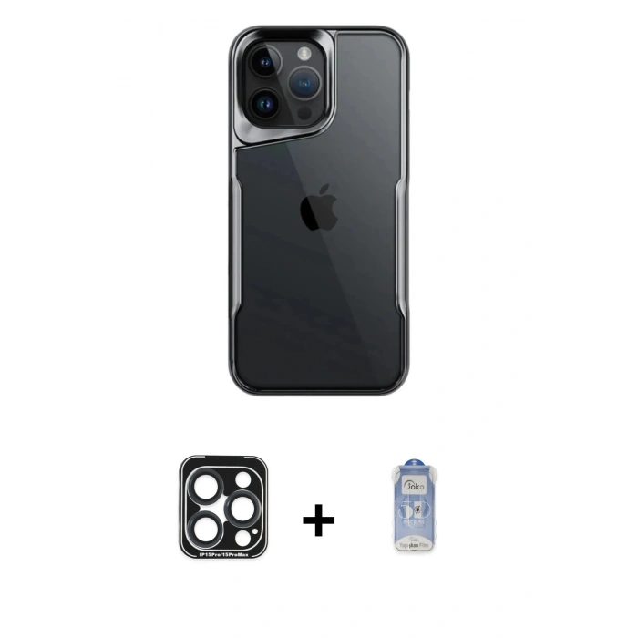MARSİLYAN™- iPhone 15 Pro Max Kılıf Akış Çizgi Koleksiyonu - Siyah Joko Magic 5D Cam + PVD Metal Kamera Lens - LT