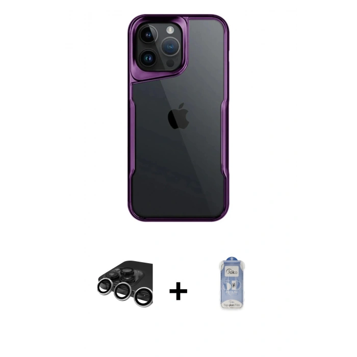 MARSİLYAN™- iPhone 15 Pro Max Kılıf Akış Çizgi Koleksiyonu - Siyah Joko Magic 5D Cam + Raze Metal Kamera Lens - GS
