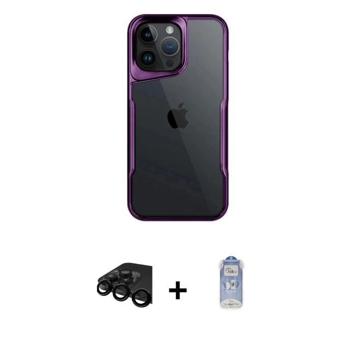 MARSİLYAN™- iPhone 15 Pro Max Kılıf Akış Çizgi Koleksiyonu - Siyah Joko Magic 5D Cam + Raze Metal Kamera Lens - SH