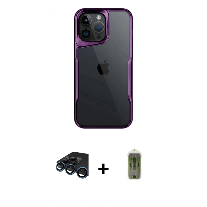 MARSİLYAN™- iPhone 15 Pro Max Kılıf Akış Çizgi Koleksiyonu - Siyah Joko Magic 5D Hayalet Cam + Raze Metal Kamera Lens - LT