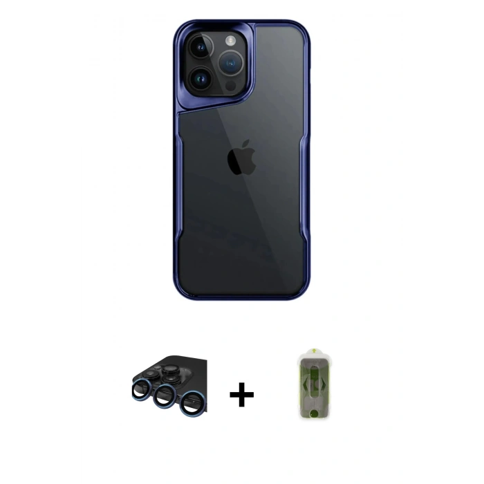 MARSİLYAN™- iPhone 15 Pro Max Kılıf Akış Çizgi Koleksiyonu - Siyah Joko Magic 5D Hayalet Cam + Raze Metal Kamera Lens - LT