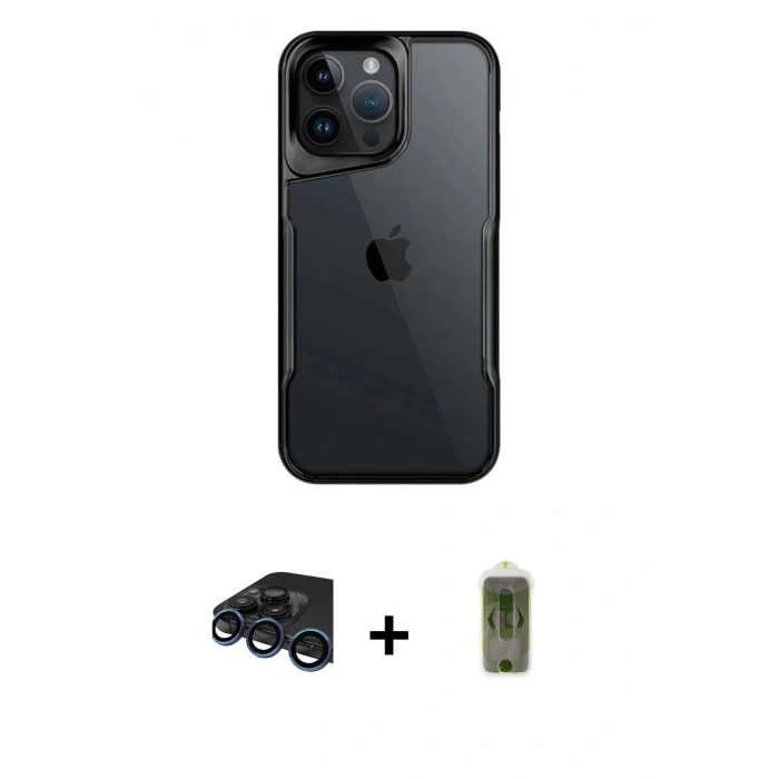 MARSİLYAN™- iPhone 15 Pro Max Kılıf Akış Çizgi Koleksiyonu - Siyah Joko Magic 5D Hayalet Cam + Raze Metal Kamera Lens - LT