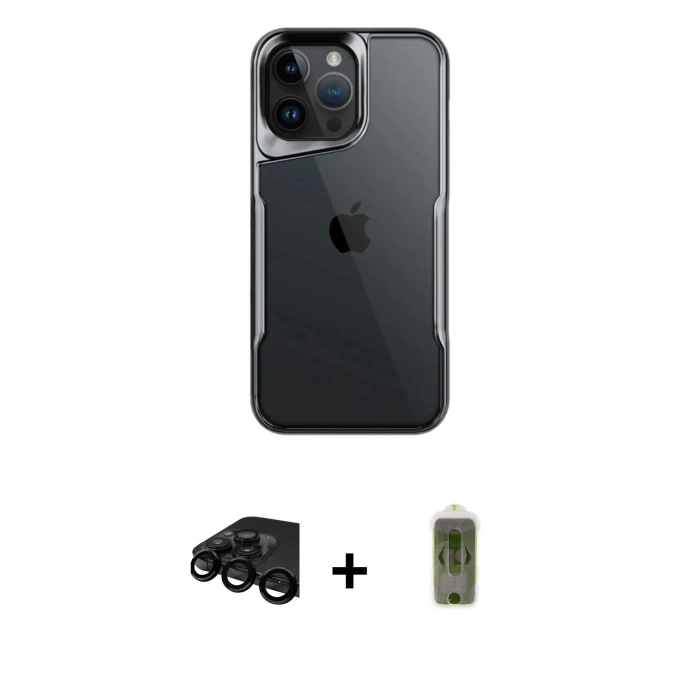 MARSİLYAN™- iPhone 15 Pro Max Kılıf Akış Çizgi Koleksiyonu - Siyah Joko Magic 5D Hayalet Cam + Raze Metal Kamera Lens - SH
