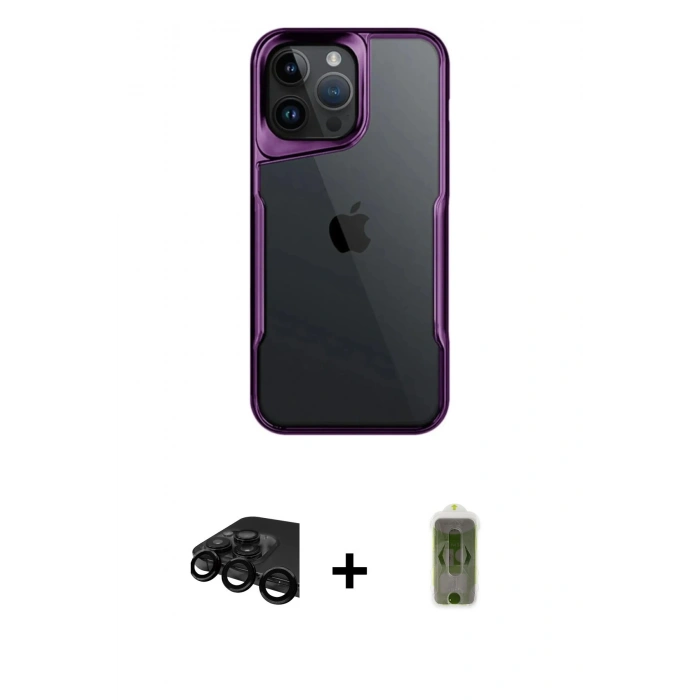 MARSİLYAN™- iPhone 15 Pro Max Kılıf Akış Çizgi Koleksiyonu - Siyah Joko Magic 5D Hayalet Cam + Raze Metal Kamera Lens - SH