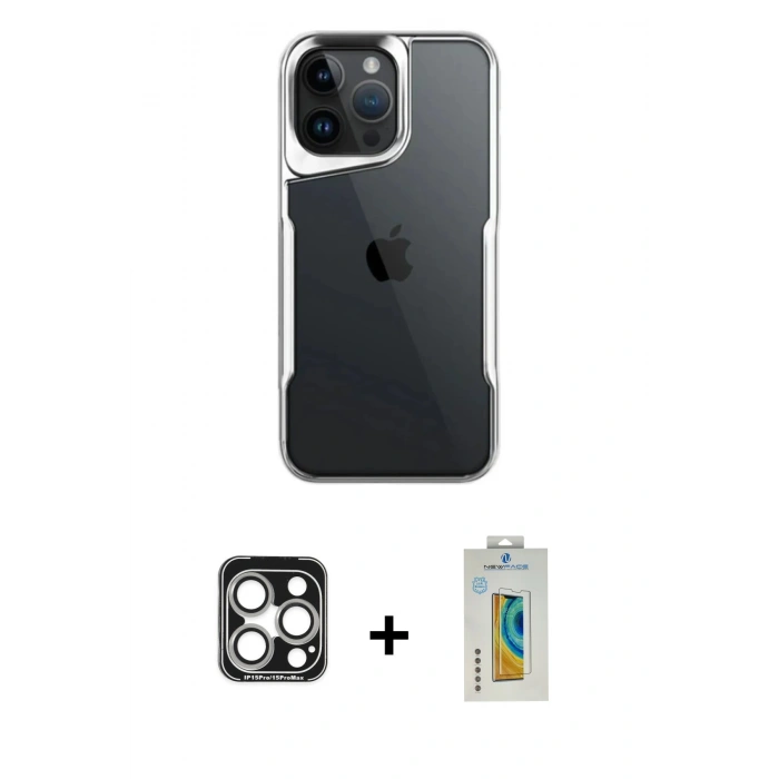 MARSİLYAN™- iPhone 15 Pro Max Kılıf Akış Çizgi Koleksiyonu - Siyah Polymer Nano Ekran Koruyucu + PVD Metal Kamera Lens - GS
