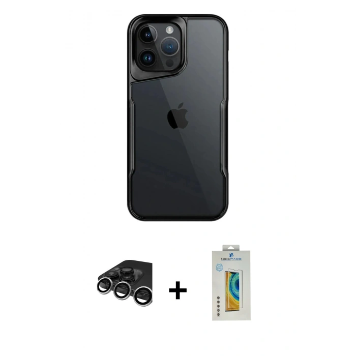 MARSİLYAN™- iPhone 15 Pro Max Kılıf Akış Çizgi Koleksiyonu - Siyah Polymer Nano Ekran Koruyucu + Raze Metal Kamera Lens - GS
