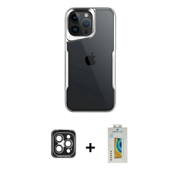 MARSİLYAN™- iPhone 15 Pro Max Kılıf Akış Çizgi Koleksiyonu - Siyah Polymer Nano Ekran Koruyucu + PVD Metal Kamera Lens - GI