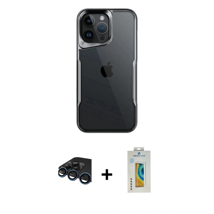 MARSİLYAN™- iPhone 15 Pro Max Kılıf Akış Çizgi Koleksiyonu - Siyah Polymer Nano Ekran Koruyucu + Raze Metal Kamera Lens - LT