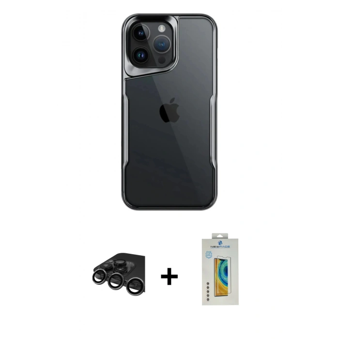 MARSİLYAN™- iPhone 15 Pro Max Kılıf Akış Çizgi Koleksiyonu - Siyah Polymer Nano Ekran Koruyucu + Raze Metal Kamera Lens - TMGI