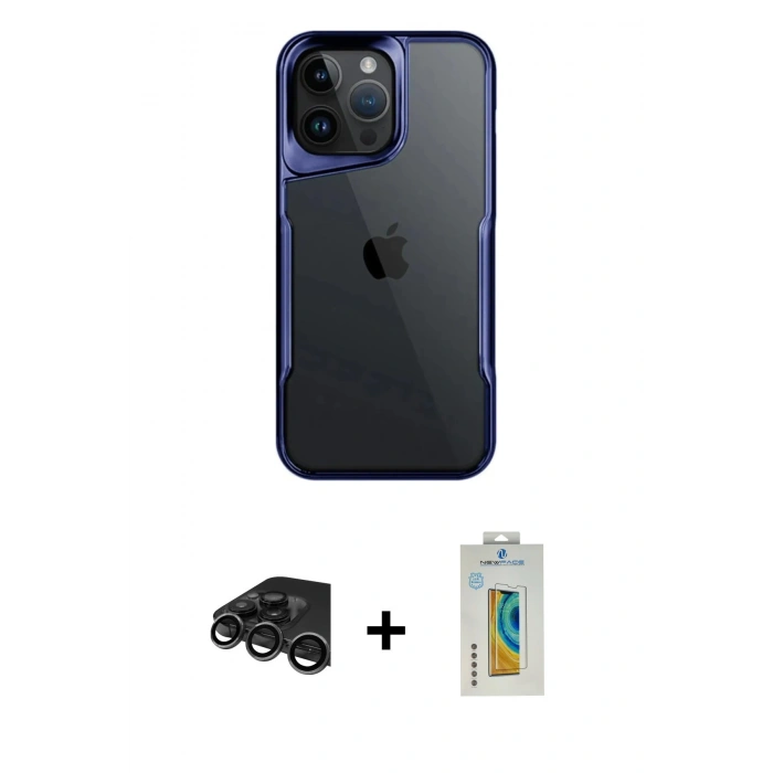 MARSİLYAN™- iPhone 15 Pro Max Kılıf Akış Çizgi Koleksiyonu - Siyah Polymer Nano Ekran Koruyucu + Raze Metal Kamera Lens - TMGI