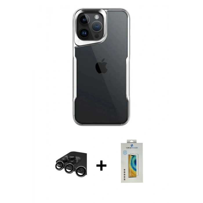 MARSİLYAN™- iPhone 15 Pro Max Kılıf Akış Çizgi Koleksiyonu - Siyah Polymer Nano Ekran Koruyucu + Raze Metal Kamera Lens - TMGI