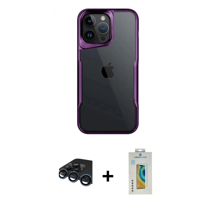 MARSİLYAN™- iPhone 15 Pro Max Kılıf Akış Çizgi Koleksiyonu - Siyah Polymer Nano Ekran Koruyucu + Raze Metal Kamera Lens - LT