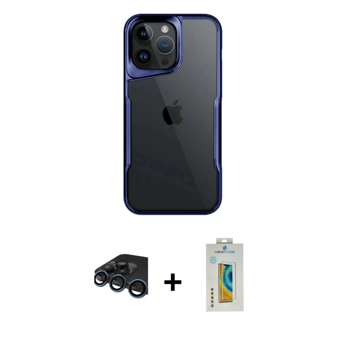 MARSİLYAN™- iPhone 15 Pro Max Kılıf Akış Çizgi Koleksiyonu - Siyah Polymer Nano Ekran Koruyucu + Raze Metal Kamera Lens - LT