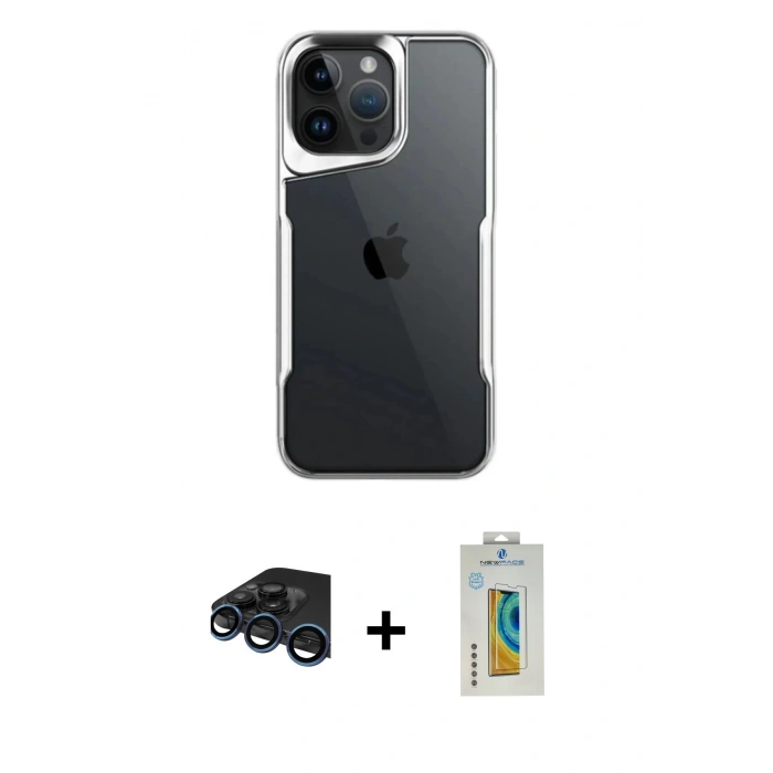 MARSİLYAN™- iPhone 15 Pro Max Kılıf Akış Çizgi Koleksiyonu - Siyah Polymer Nano Ekran Koruyucu + Raze Metal Kamera Lens - LT