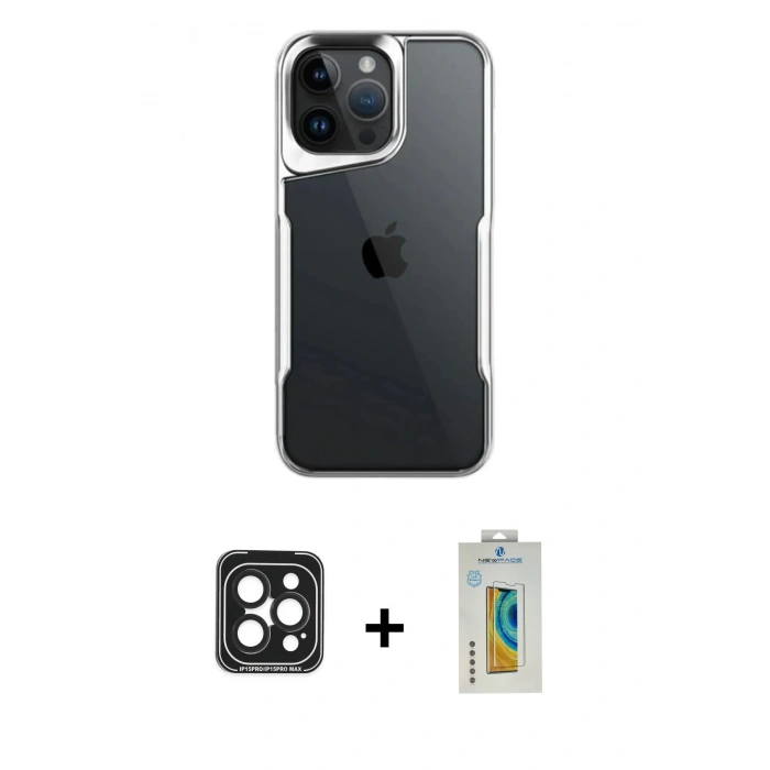 MARSİLYAN™- iPhone 15 Pro Max Kılıf Akış Çizgi Koleksiyonu - Siyah Polymer Nano Ekran Koruyucu + Siyah PVD Metal Kamera Lens