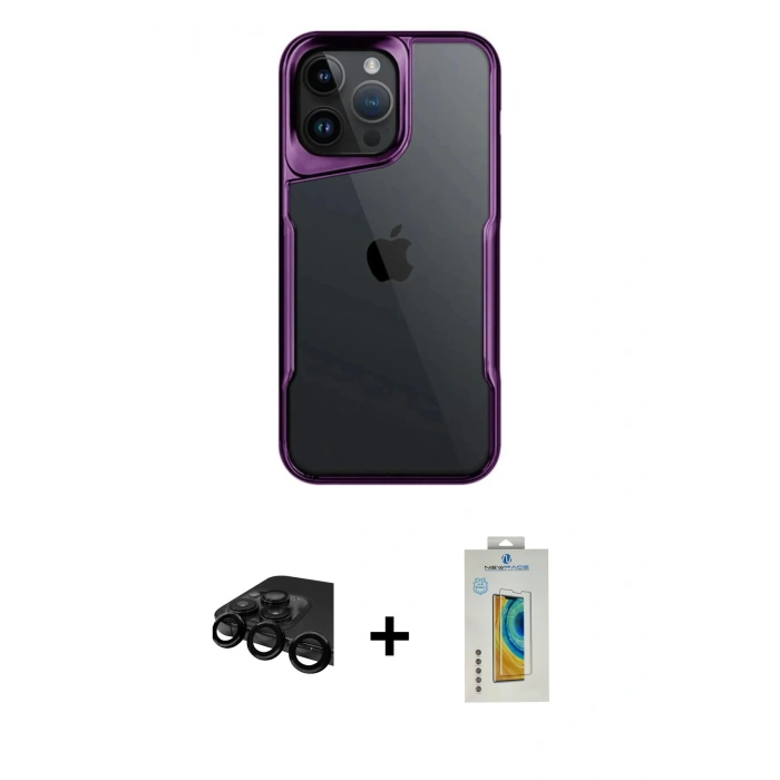 MARSİLYAN™- iPhone 15 Pro Max Kılıf Akış Çizgi Koleksiyonu - Siyah Polymer Nano Ekran Koruyucu + Raze Metal Kamera Lens - SH