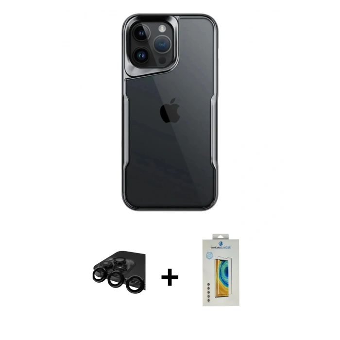 MARSİLYAN™- iPhone 15 Pro Max Kılıf Akış Çizgi Koleksiyonu - Siyah Polymer Nano Ekran Koruyucu + Raze Metal Kamera Lens - SH