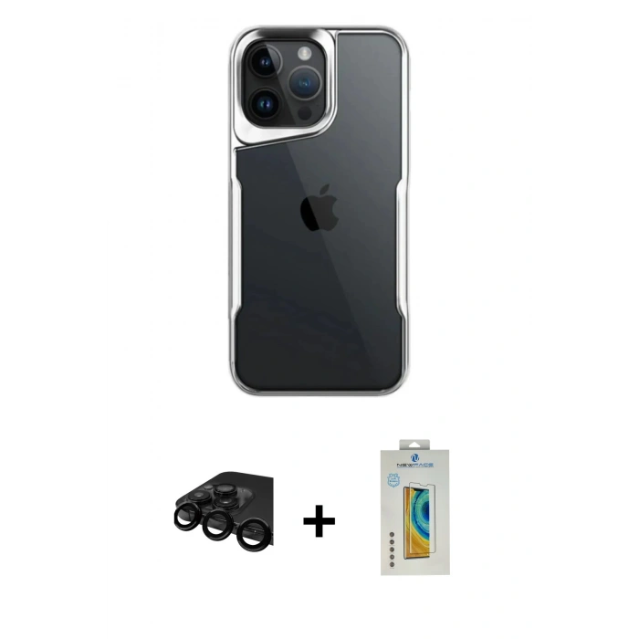 MARSİLYAN™- iPhone 15 Pro Max Kılıf Akış Çizgi Koleksiyonu - Siyah Polymer Nano Ekran Koruyucu + Raze Metal Kamera Lens - SH