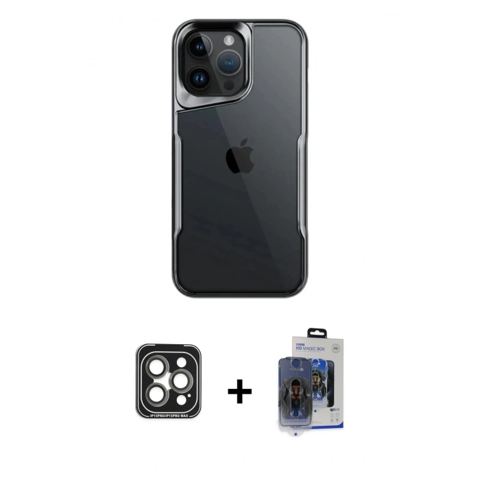 MARSİLYAN™- iPhone 15 Pro Max Kılıf Akış Çizgi Koleksiyonu - Siyah Vanessa Magic Cam + PVD Metal Kamera Lens - GI