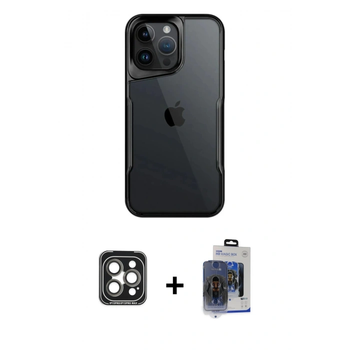 MARSİLYAN™- iPhone 15 Pro Max Kılıf Akış Çizgi Koleksiyonu - Siyah Vanessa Magic Cam + PVD Metal Kamera Lens - GI