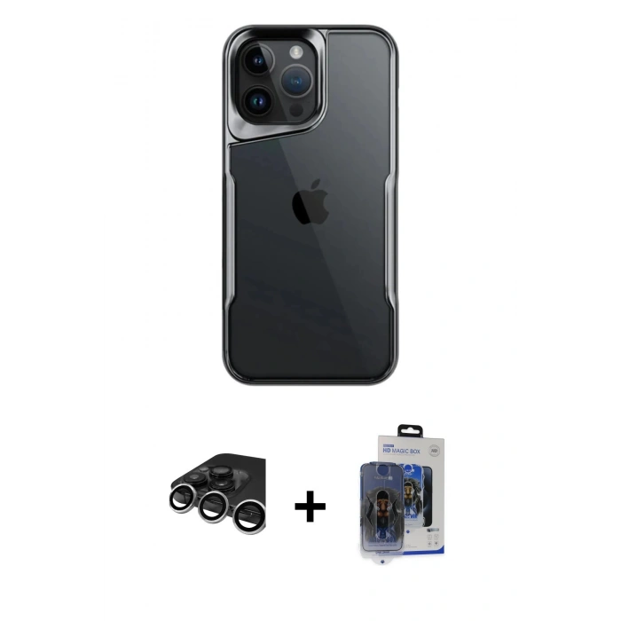 MARSİLYAN™- iPhone 15 Pro Max Kılıf Akış Çizgi Koleksiyonu - Siyah Vanessa Magic Cam + Raze Metal Kamera Lens - GS