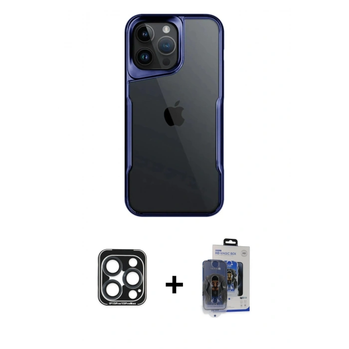 MARSİLYAN™- iPhone 15 Pro Max Kılıf Akış Çizgi Koleksiyonu - Siyah Vanessa Magic Cam + Lacivert PVD Metal Kamera Lens