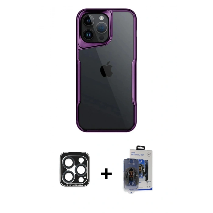 MARSİLYAN™- iPhone 15 Pro Max Kılıf Akış Çizgi Koleksiyonu - Siyah Vanessa Magic Cam + Lacivert PVD Metal Kamera Lens