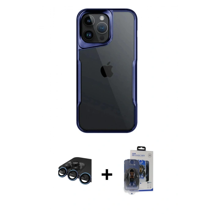 MARSİLYAN™- iPhone 15 Pro Max Kılıf Akış Çizgi Koleksiyonu - Siyah Vanessa Magic Cam + Lacivert Raze Metal Kamera Lens