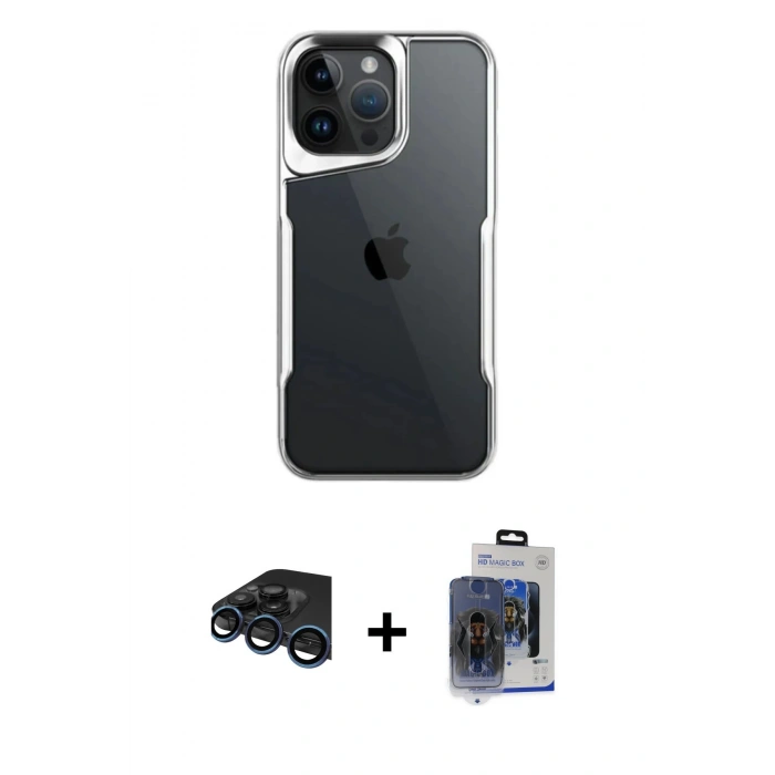 MARSİLYAN™- iPhone 15 Pro Max Kılıf Akış Çizgi Koleksiyonu - Siyah Vanessa Magic Cam + Lacivert Raze Metal Kamera Lens