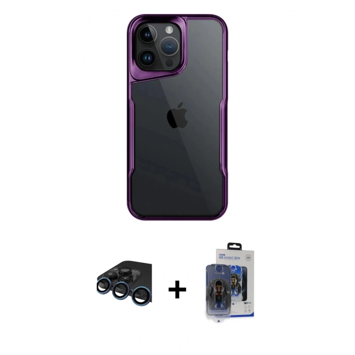 MARSİLYAN™- iPhone 15 Pro Max Kılıf Akış Çizgi Koleksiyonu - Siyah Vanessa Magic Cam + Lacivert Raze Metal Kamera Lens