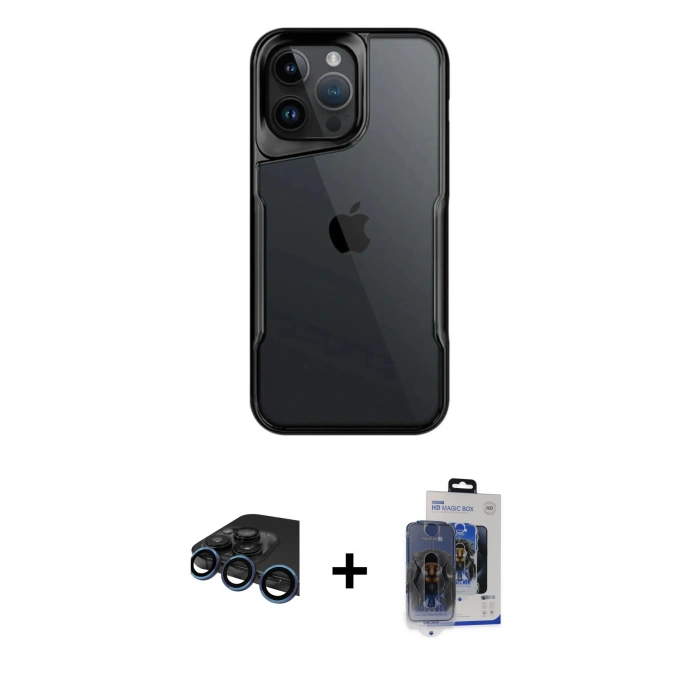 MARSİLYAN™- iPhone 15 Pro Max Kılıf Akış Çizgi Koleksiyonu - Siyah Vanessa Magic Cam + Lacivert Raze Metal Kamera Lens
