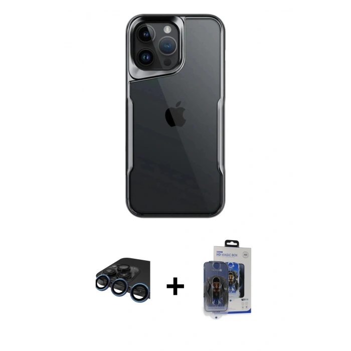 MARSİLYAN™- iPhone 15 Pro Max Kılıf Akış Çizgi Koleksiyonu - Siyah Vanessa Magic Cam + Lacivert Raze Metal Kamera Lens